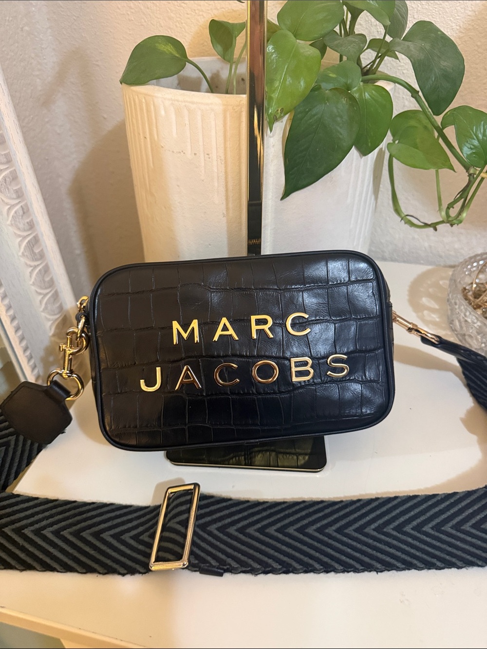 Marc Jacobs Black Croc-Embossed Camera Crossbody with Gold Logo
